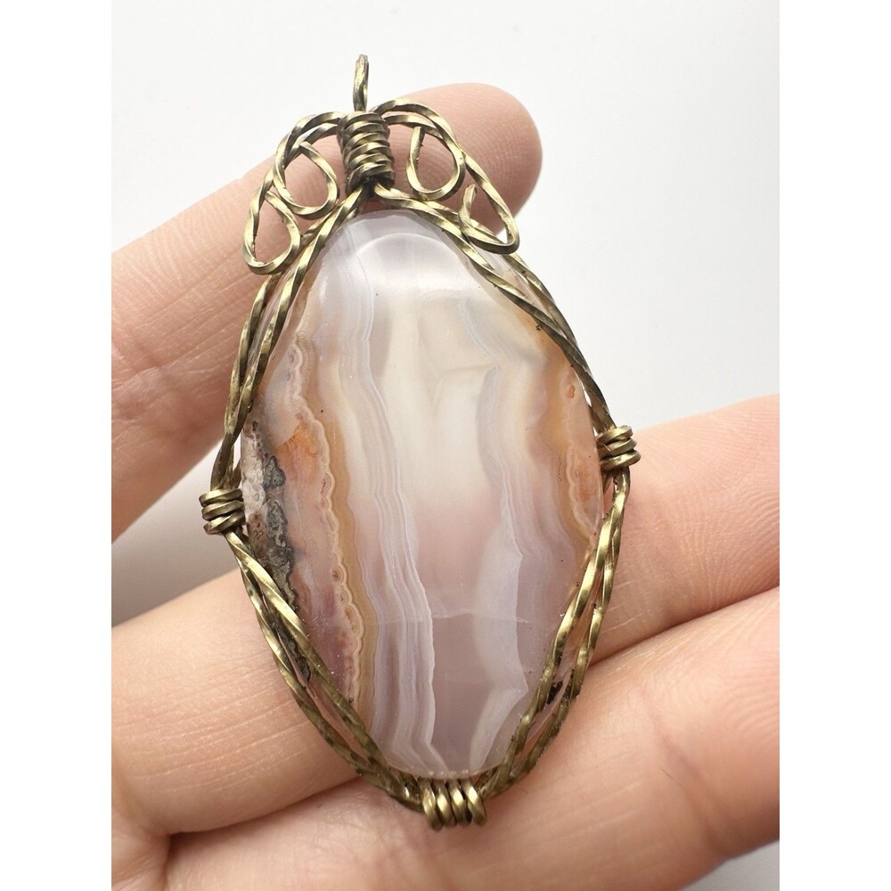 Handmade Wire Wrapped Lace Agate Pendant Gold Tone